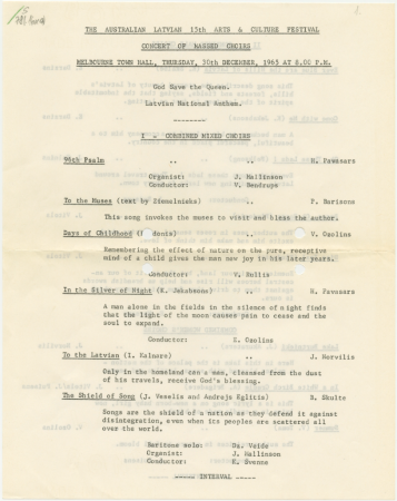 The Australian Latvian 15th Arts & Culture Festival Concert of Massed Choirs Melbourne : Town Hall, Thursday, 30th December, 1965 at 8.00 P.M. : [programma]