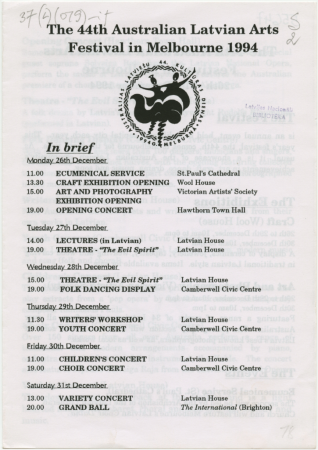 The 44th Australian Latvian Arts Festival in Melbourne 1994 : [programma]