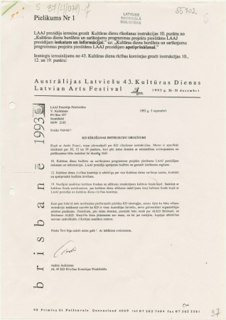 Pielikums Nr1 : Australijas latviešu 43. kultūras Dienas 1993. g. 26.-31 decembrī Brisbanē