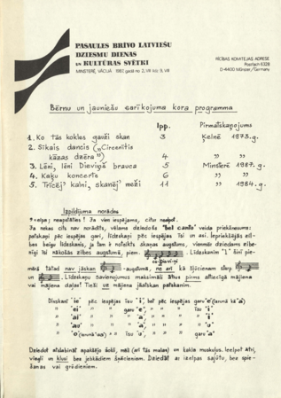 Bērnu un jauniešu sarīkojuma kora programma : pasaules brīvo latviešu dziesmu dienas un kultūras svētki Minsterē, Vācijā