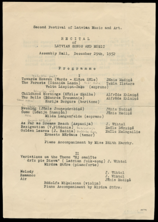 Austrālijas Latviešu 2. Kultūras dienas. Melburna, 1952. g. 26. decembris - 1953. g. 12. janvāris. 6 lp. : Recital of Latvian Songs and Music. Latviešu kamermūzikas koncerta programma