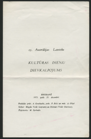 Austrālijas latviešu 25. Kultūras dienas Brisbanē, 1975. gadā : Dievkalpojuma programma