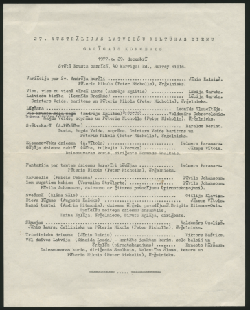 Austrālijas latviešu 27. Kultūras dienas Melburnā 1977. g. [26. - 31. decembrī] : Garīgais koncerts Svētā Krusta baznīcā, 29. decembrī