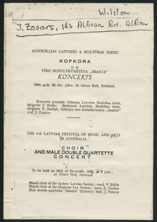 Austrālijas latviešu 4. Kultūras dienas Brisbanē : Kopkora un Vīru dubultkvarteta "Imanta" koncerts, Albert Hall, 28. decembrī