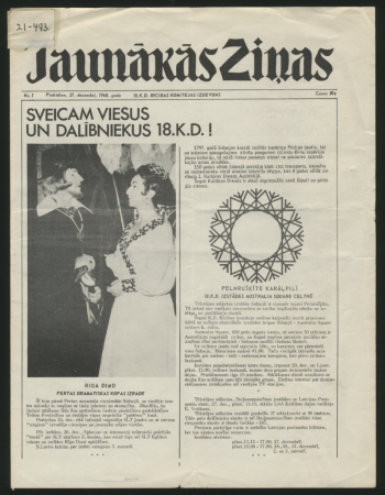18. Kultūras dienu [Sidnejā] rīcības komitejas izdevums "Jaunākās Ziņas", 1968. Nr. 1. (27. dec.)