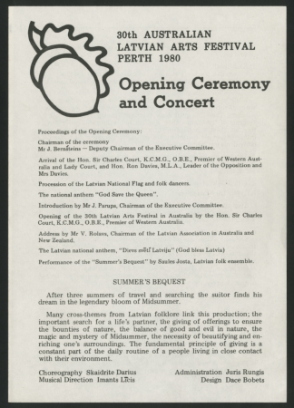 Austrālijas latviešu 30. Kultūras dienas 1980. gadā Pertā : Opening ceremony and concert