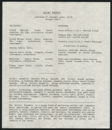 Austrālijas latviešu 35. Kultūras dienas 1985. gadā Pertā [26. līdz 31. decembrī] : [ansambļa] "Kolibri" koncerts Octagon teātrī, 27. dec.