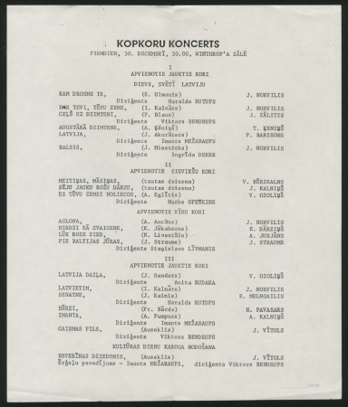 Austrālijas latviešu 35. Kultūras dienas 1985. gadā Pertā [26. līdz 31. decembrī] : Kopkoru koncerts Winthrop zālē, 30. dec.