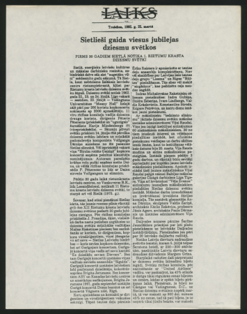 XII Rietumu krasta Latviešu Dziesmu svētki : Raksts. „Sietlieši gaida viesus jubilejas Dziesmu svētkos”. No Amerikas latviešu laikr. „Laiks”, 1992. g. 25. martā