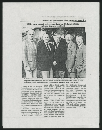 XII Rietumu krasta Latviešu Dziesmu svētki : Raksts. L. Šv. [Leo Švarcs] no „Latvija Amerikā” 1991. g., nr. 26., 29. jūnijā